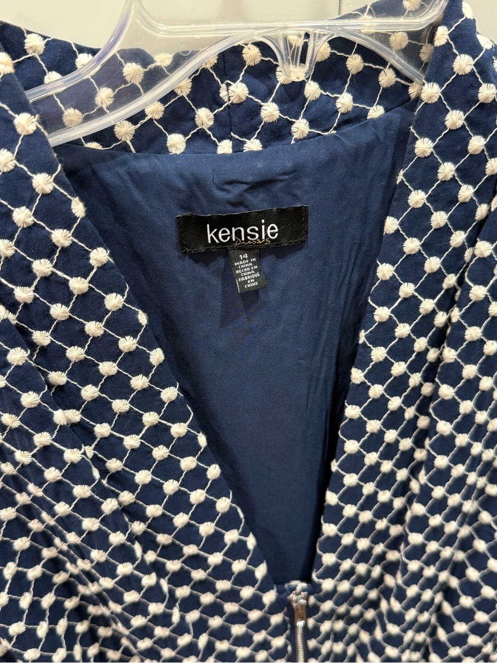 Kensie Navy and White Embroidered Zip-Front Dress
